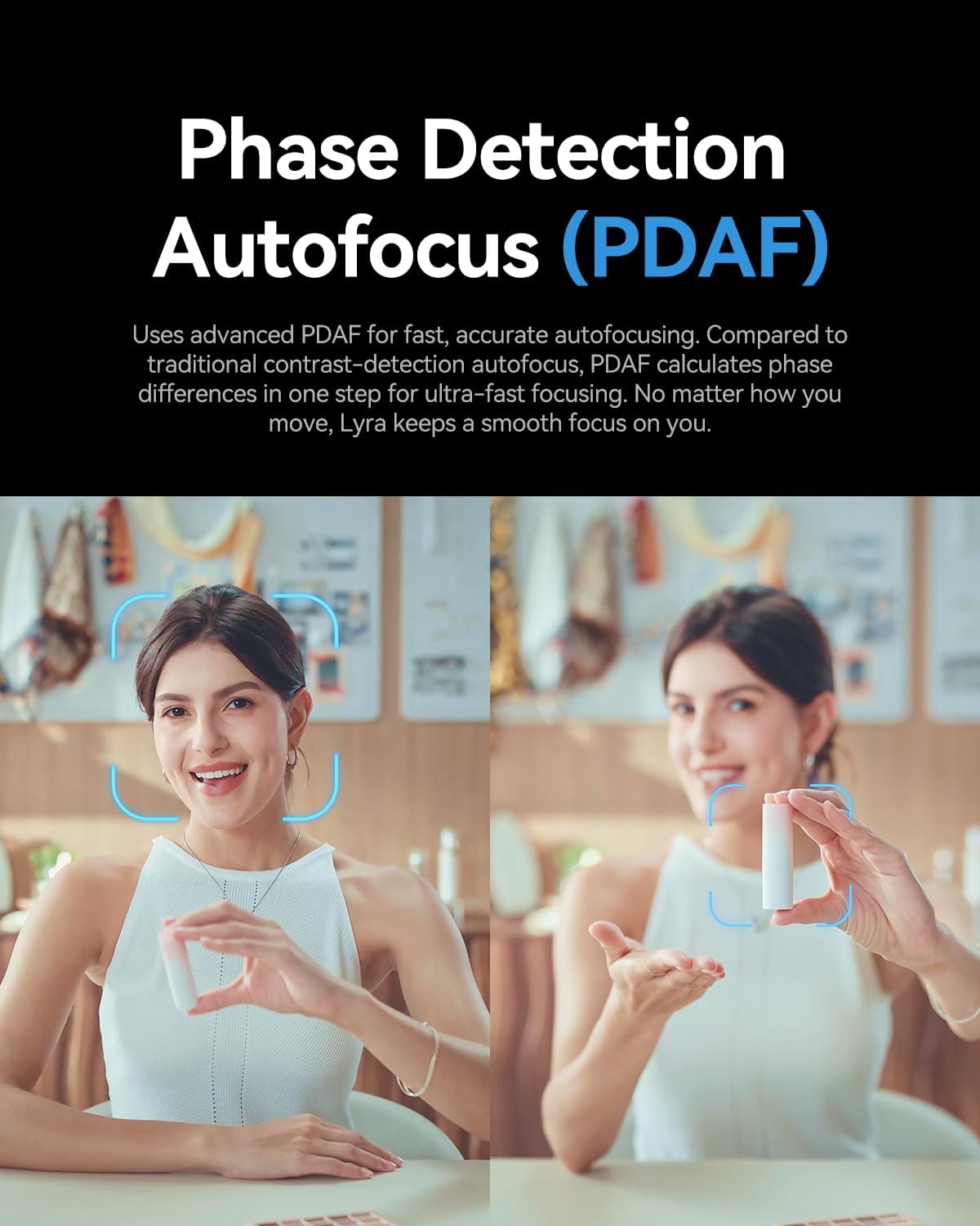 Hollyland webcam PDAF autofocus graphic with dual screen portraits