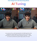 Hollyland webcam AI tuning before-and-after split screen