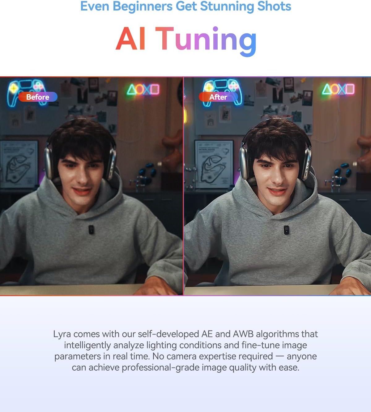 Hollyland webcam AI tuning before-and-after split screen
