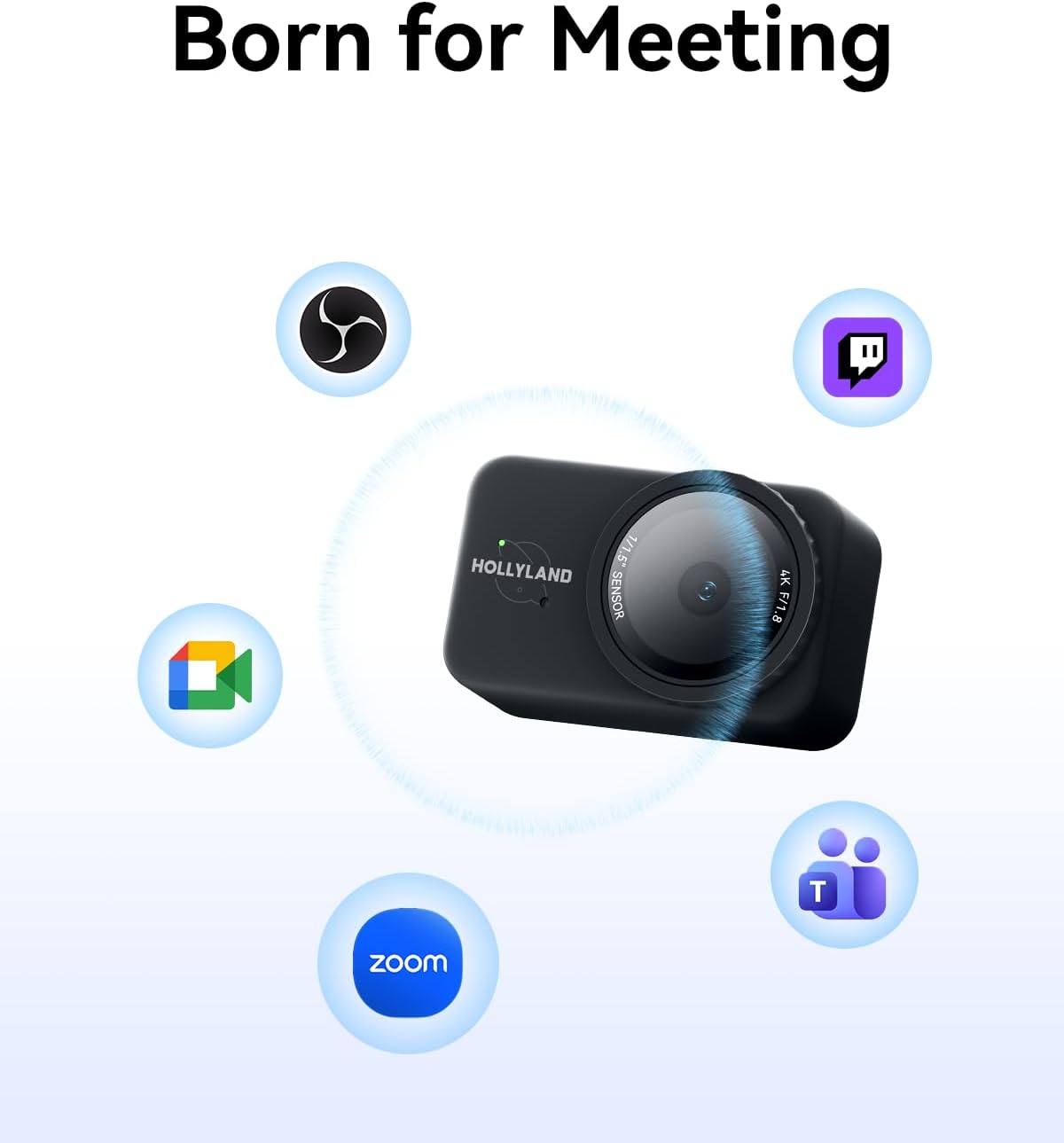 Black Hollyland 4K UHD webcam floating with meeting and zoom icons