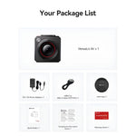 Camera contents set with black camera, 12V adapter, USB-C cable, lens cap, cards