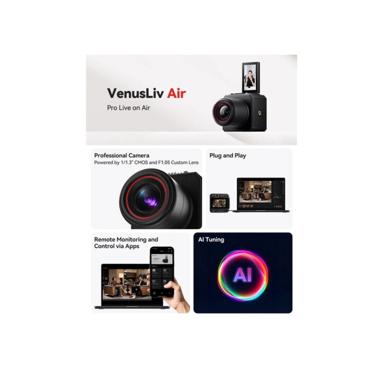 Black live streaming camera marketing panel with lens close-up and app preview icons