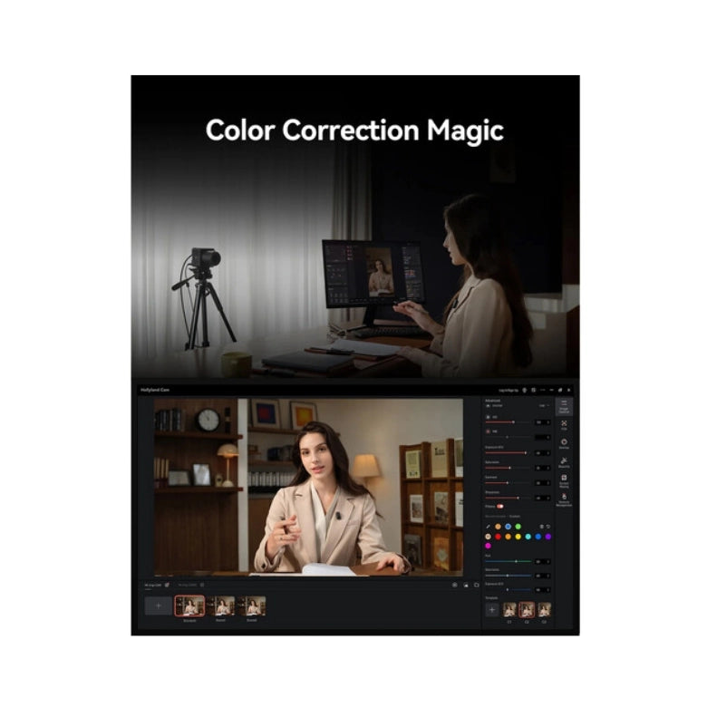 Video color correction interface with person on monitor and camera control panel