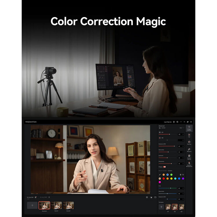Hollyland all-in-one live streaming camera color correction UI on monitor screen