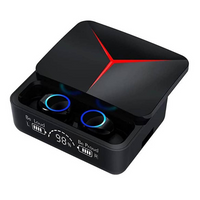 Gaming TWS earbuds in black charging case with blue light rings and red accents
