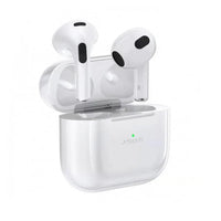 White wireless earbuds with charging case, earbuds with black speaker tips