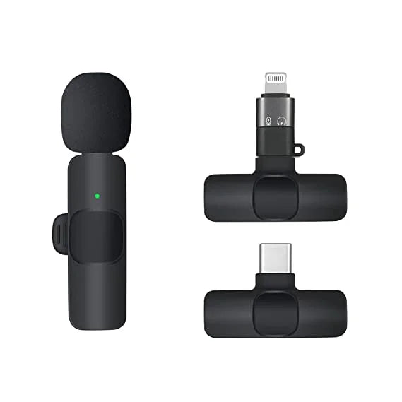 Black wireless collar microphone receiver with USB-C and Lightning plug adapters