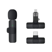 Black wireless collar microphone receiver with USB-C and Lightning plug adapters