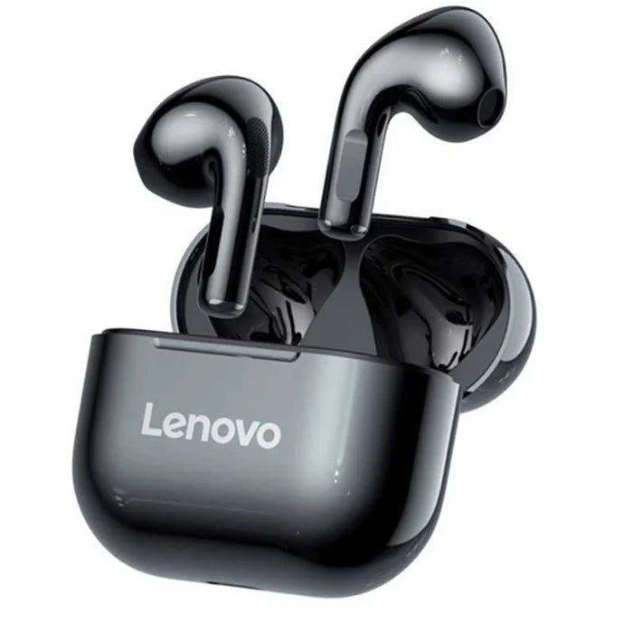 Lenovo wireless earbuds in black charging case with one earbud shown