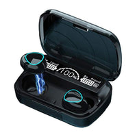 True wireless earbuds in charging case, blue light ring accents