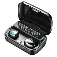 Black wireless earbuds with open charging case, earbuds with blue LED accents visible