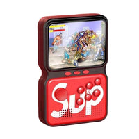 Handheld color LCD game console with red casing and joystick-style controls