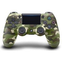 Green camo wireless game controller with thumbsticks, D-pad, face buttons, and touchpad