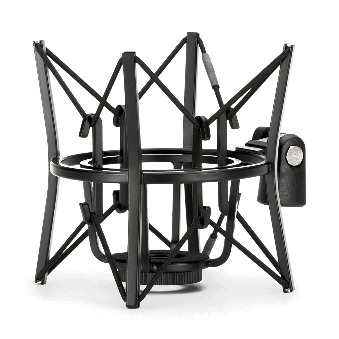 Black broadcast microphone shock mount with crisscross metal arms and circular base