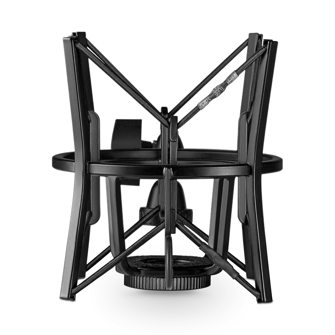 Studio microphone shock mount with black metal frame and adjustable suspension