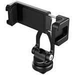 Black hot shoe phone clamp with metal support rods and locking lever