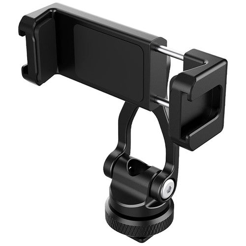 Black hot shoe phone clamp with metal support rods and locking lever