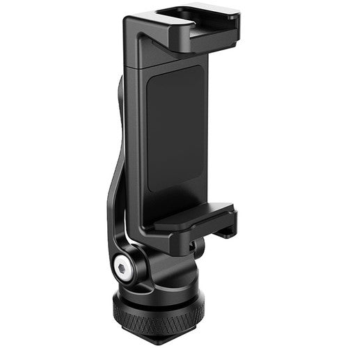 Black hot shoe phone clamp with open arms and tilt adjustment handle