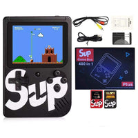 Black retro handheld game console with built-in screen and D-pad button layout