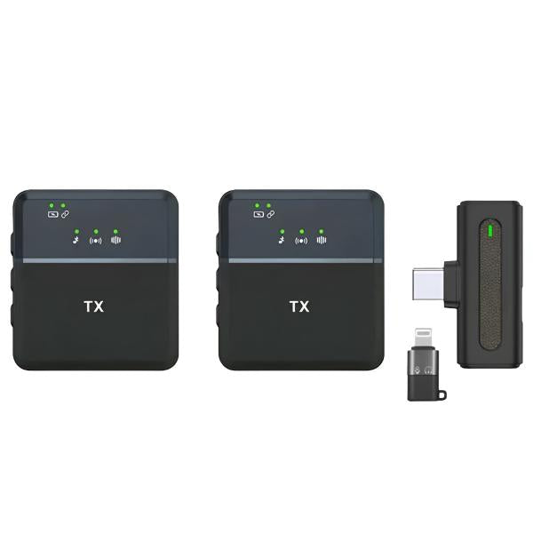 Wireless lavalier microphone transmitters and receiver, black with green status lights