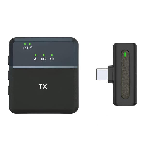 Wireless microphone transmitter and receiver set, dark housing, green status light, TX screen.