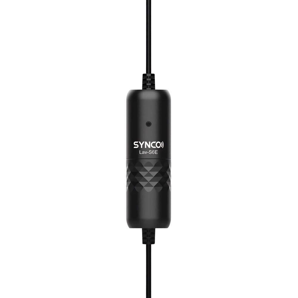 SYNCO lavalier microphone body with cable, black, labeled Lav-S6E