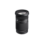 Telephoto zoom camera lens with front glass element and visible focal range markings