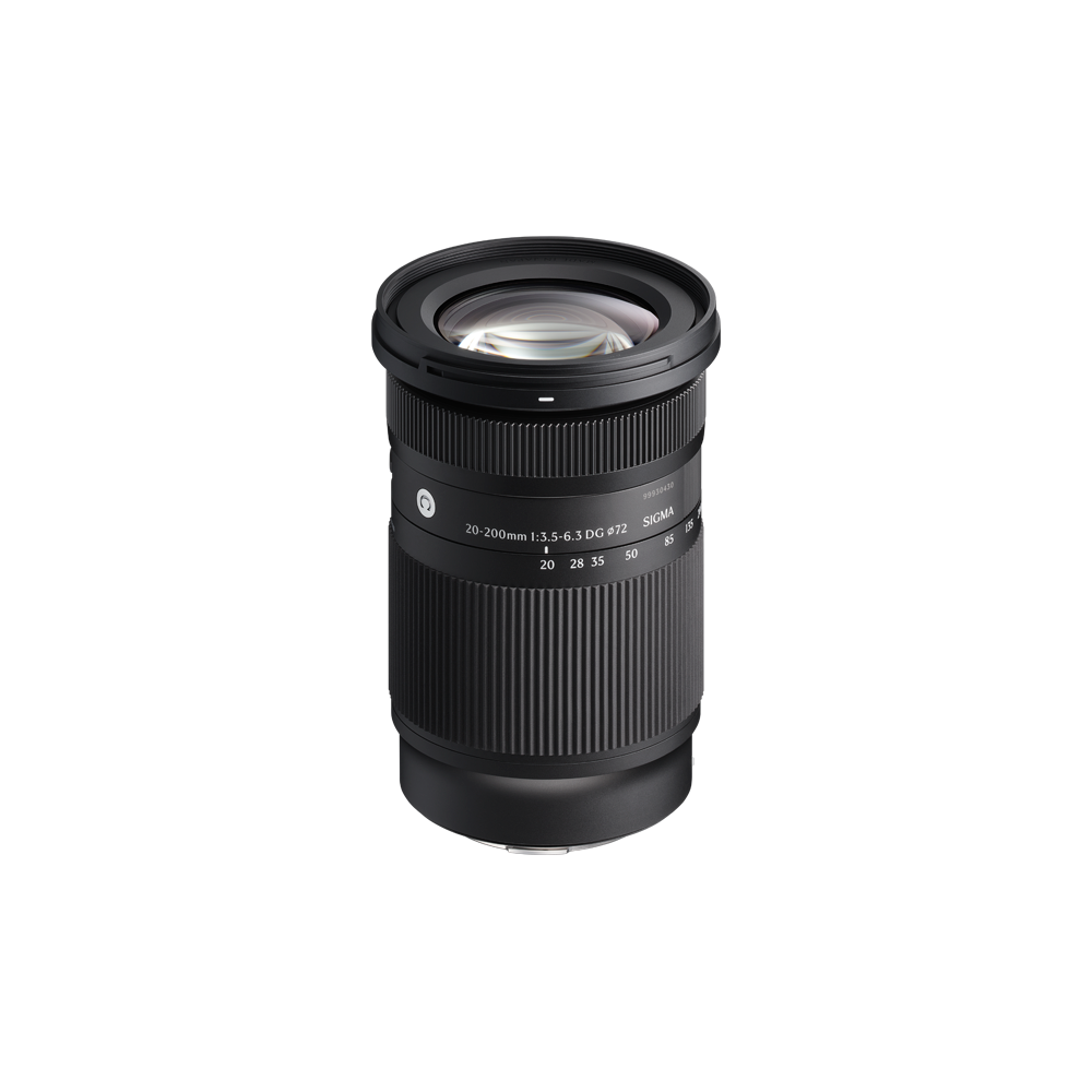 Telephoto zoom camera lens with front glass element and visible focal range markings