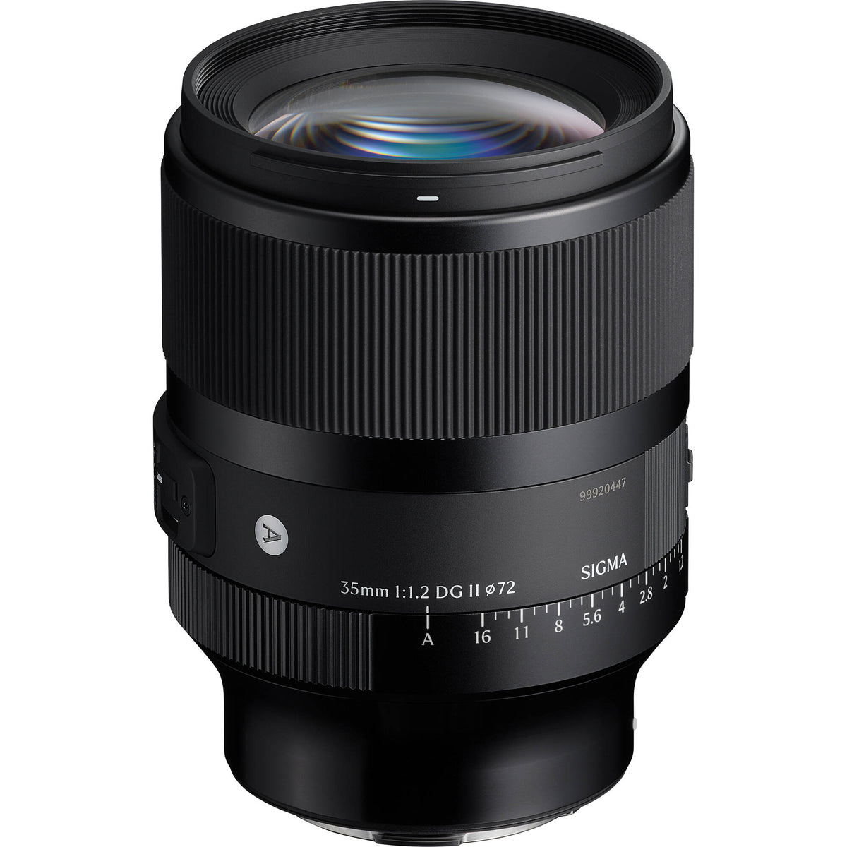 Black camera lens front with glass element and aperture scale markings