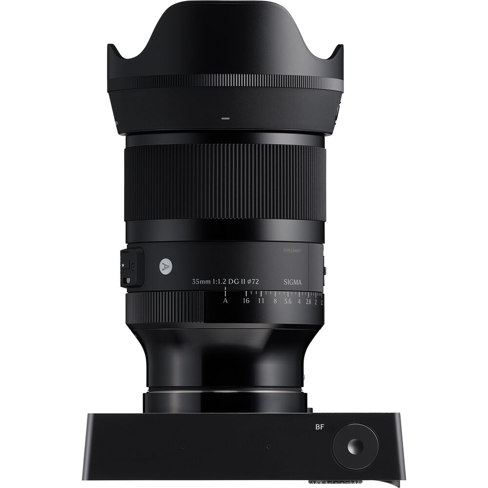 Black camera lens with front element, ribbed focus ring, and mount controls