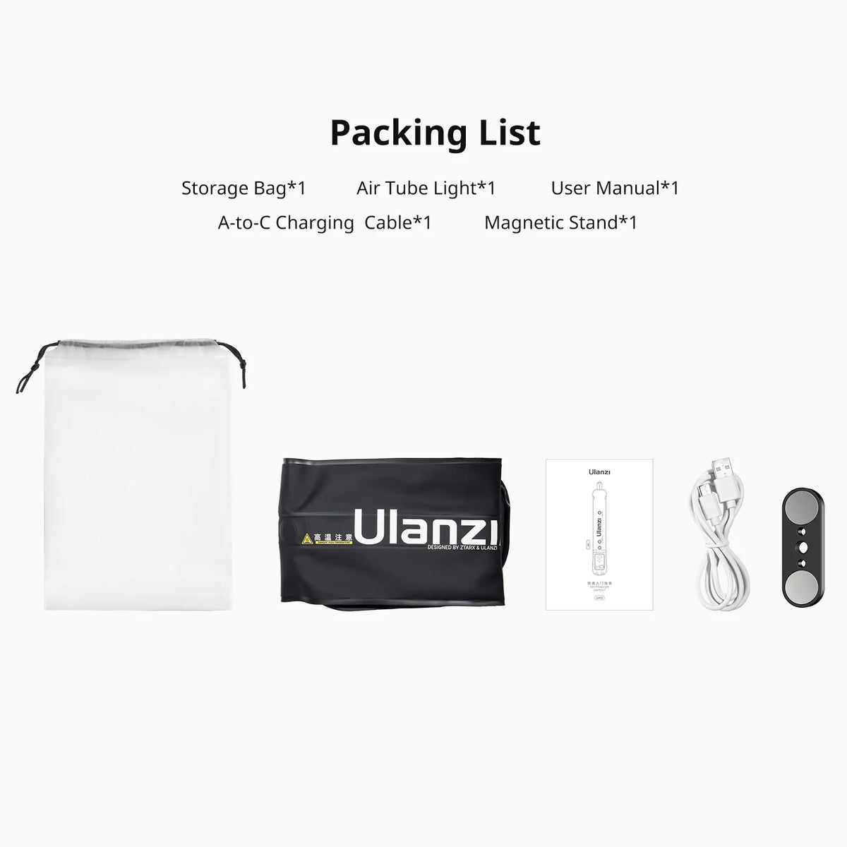 Air tube light kit with storage bag, user manual, charging cable, and magnetic stand