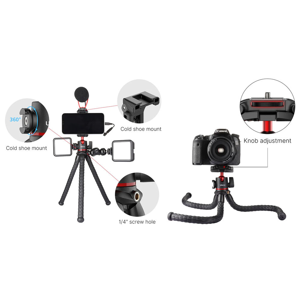 Octopus tripod diagram showing cold shoe mount, 1/4 screw hole, and controls