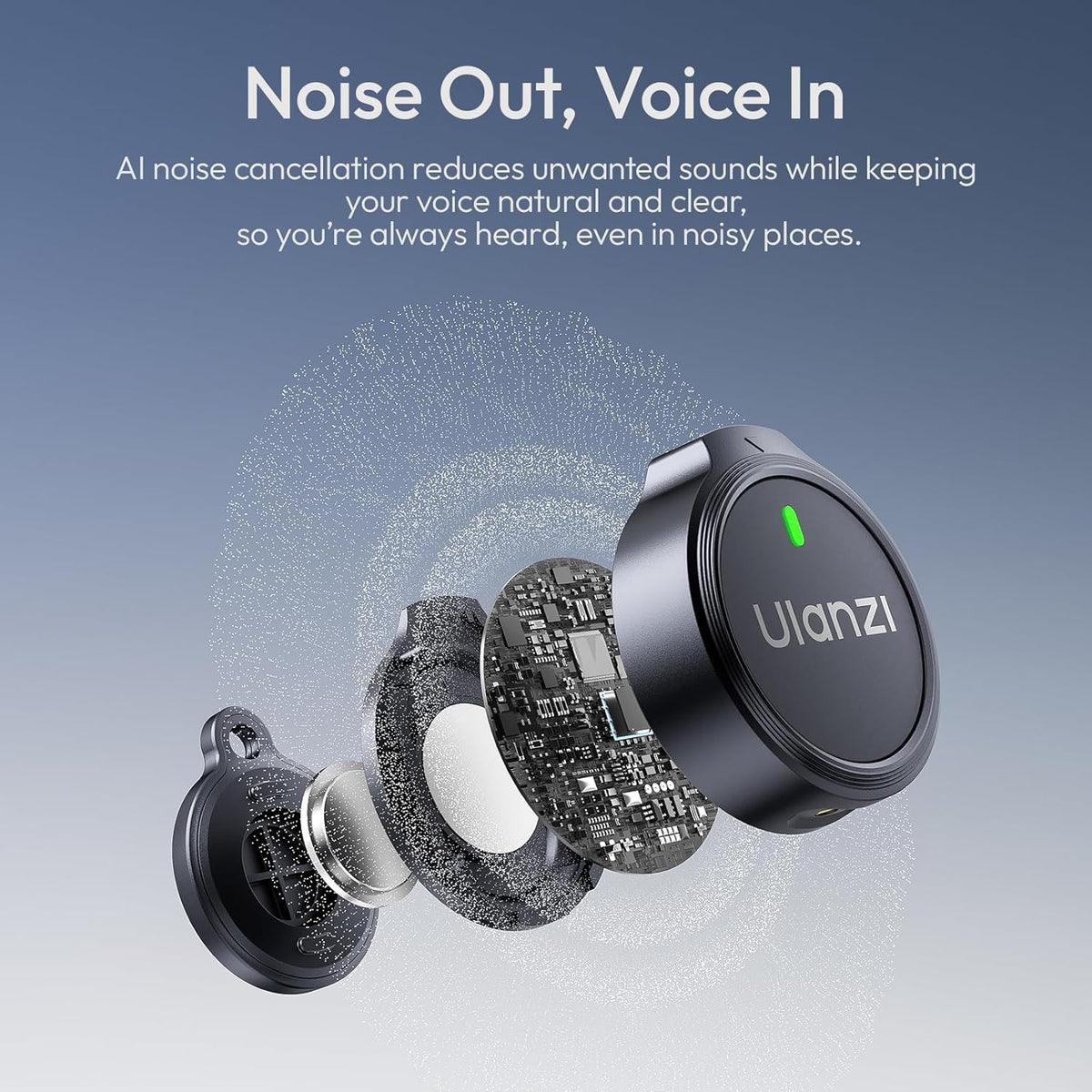 Black Ulanzi wireless microphone capsule with green indicator and round metal grill