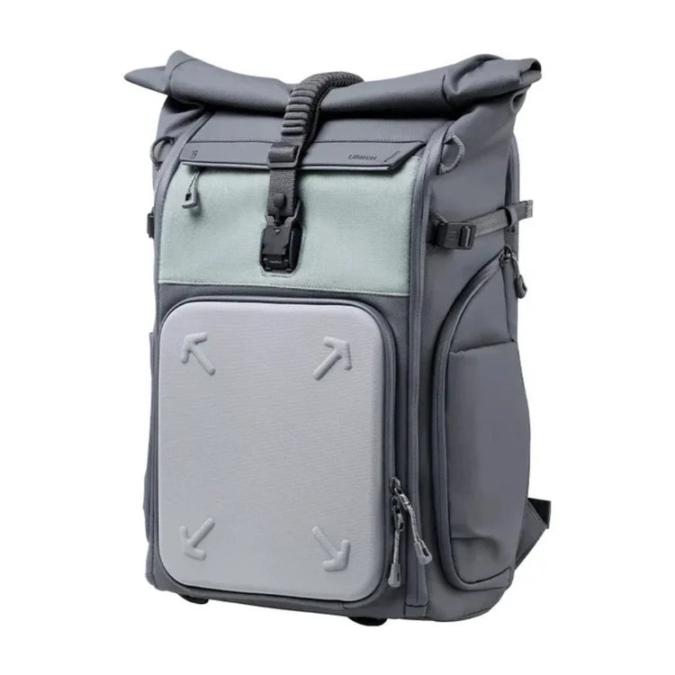 Hard shell camera backpack with flap and front zip pocket, dark gray and light gray panels