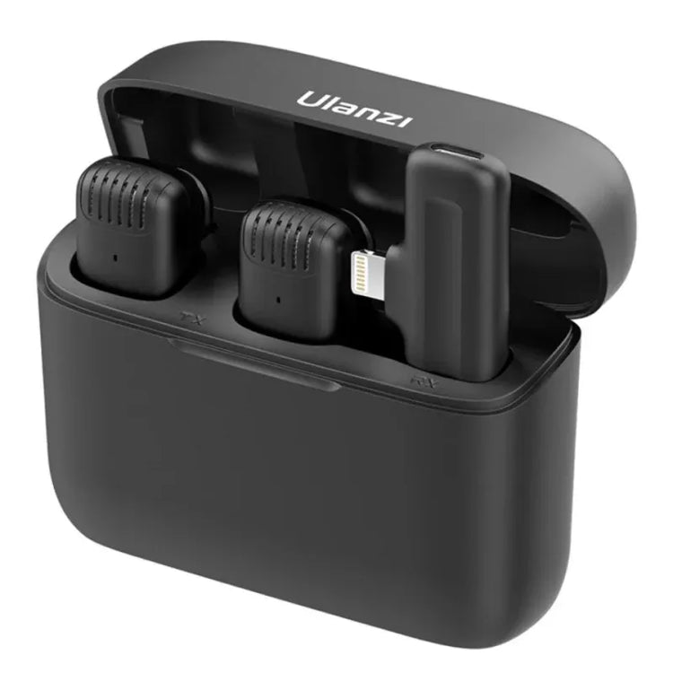 Ulanzi J12 wireless lavalier microphone set in black charging case with two mics