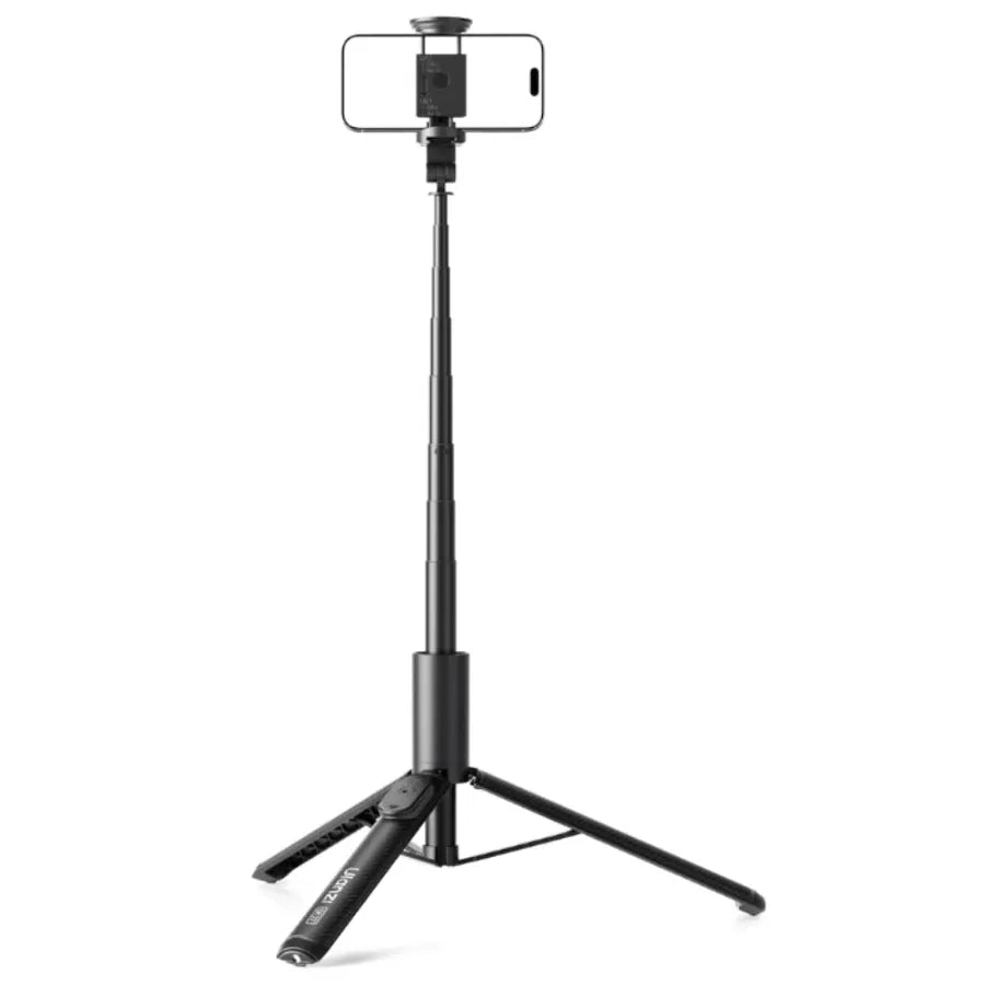 Portable selfie stick with phone holder and tripod base, black extendable pole