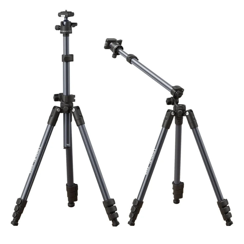 Horizontal camera tripod with three extendable legs and pan mount, dark gray