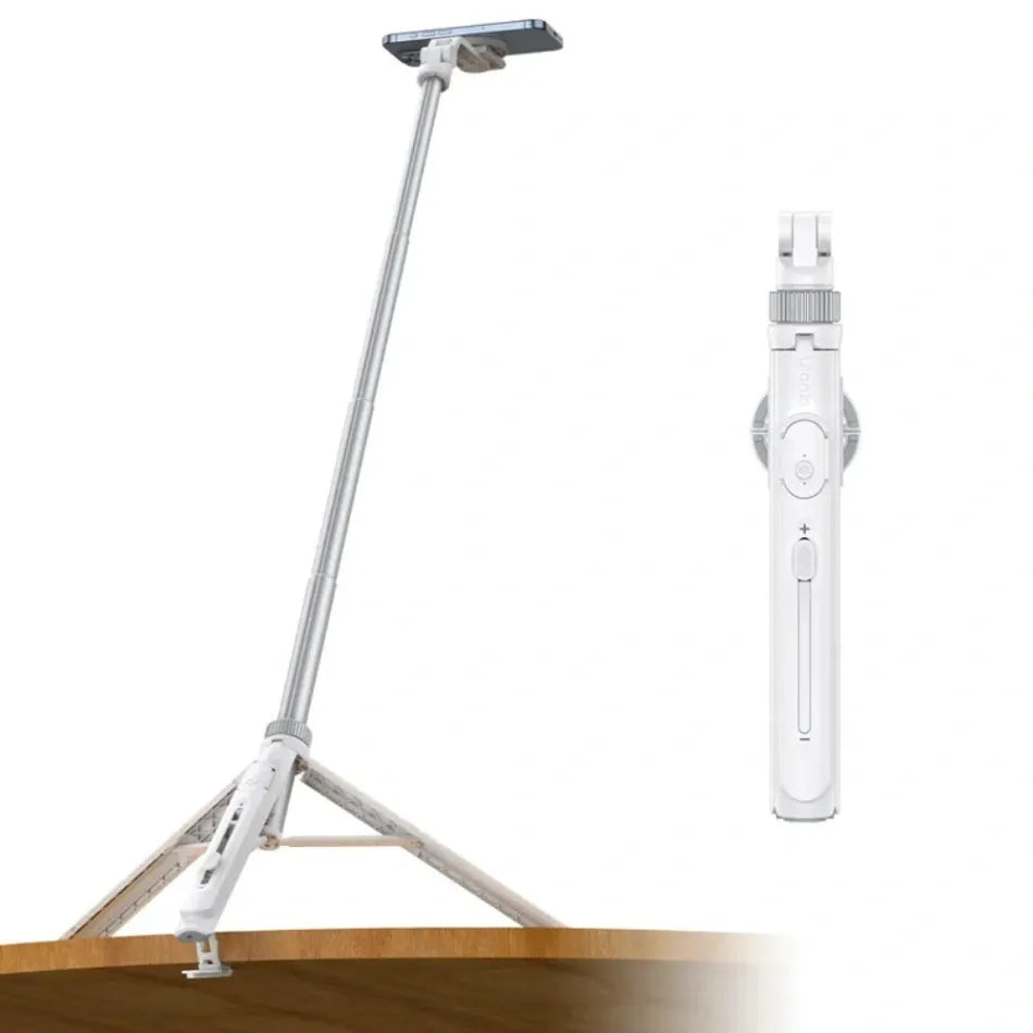 White overhead selfie stick with tripod base and phone clamp