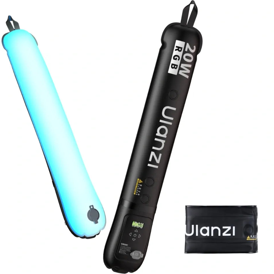 Ulanzi UA20C – 20W RGB Magnetic Air Tube Light for Photography and Video RGB light stick with blue light and carrying case on a white background