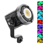 Ulanzi RGB V-mount COB LED video light, angled side view with status screen and buttons