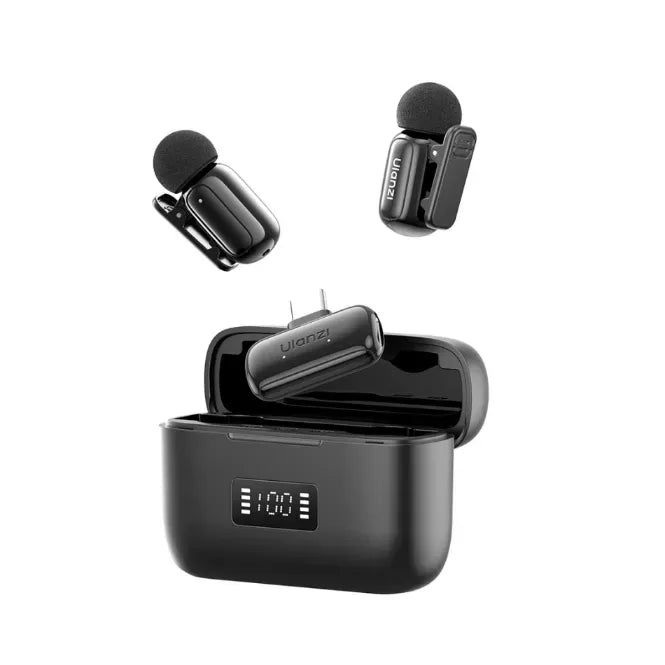 Ulanzi A200 Mini Mic Black wireless earbuds with charging case on a white background
