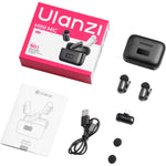 Wireless mini microphone kit with retail box, cables, clips, and foam windscreens