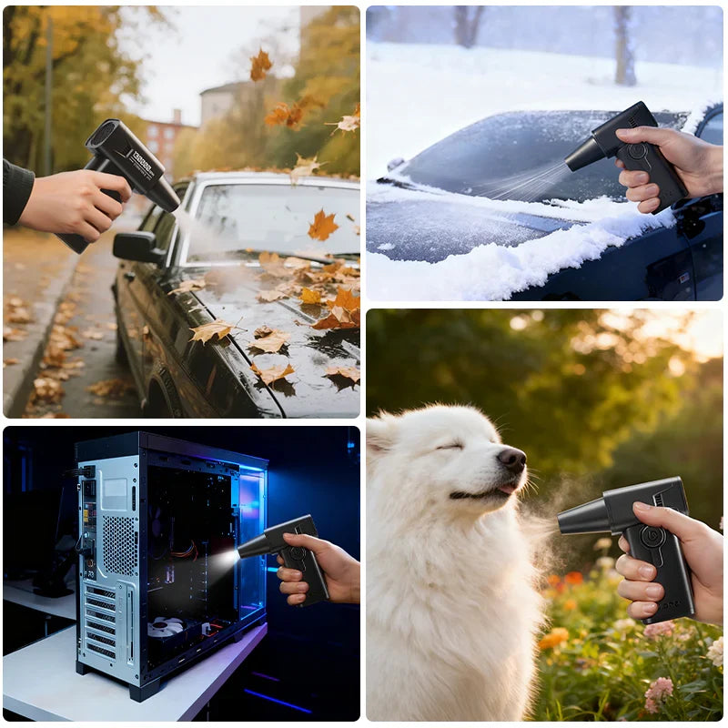 Electric air duster in use on car, snow, PC, and pet