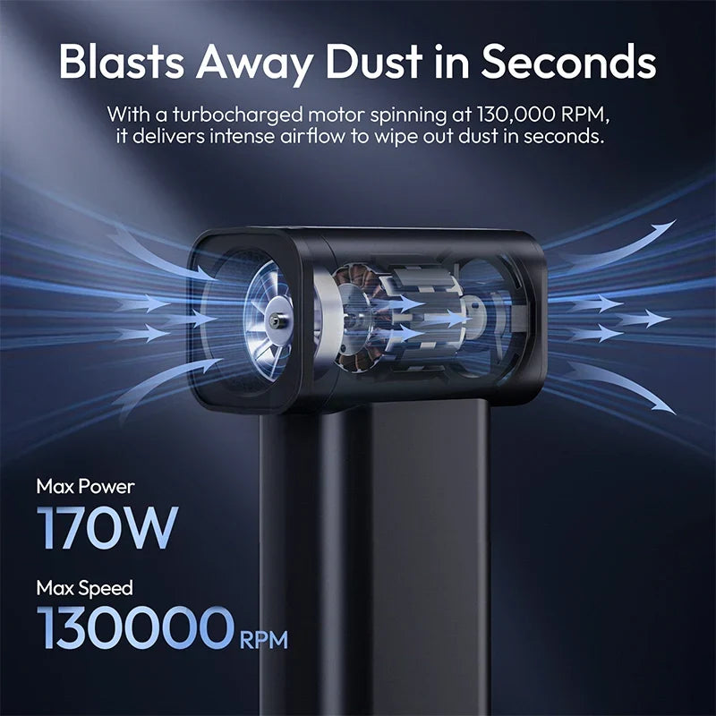 Electric air duster with visible internal fan and airflow channel