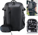 Black camera backpack with side handles and open interior with camera organizers