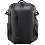 Black camera backpack with front zip pocket and padded shoulder straps
