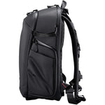 Black camera backpack side view with mesh back panel and padded front storage