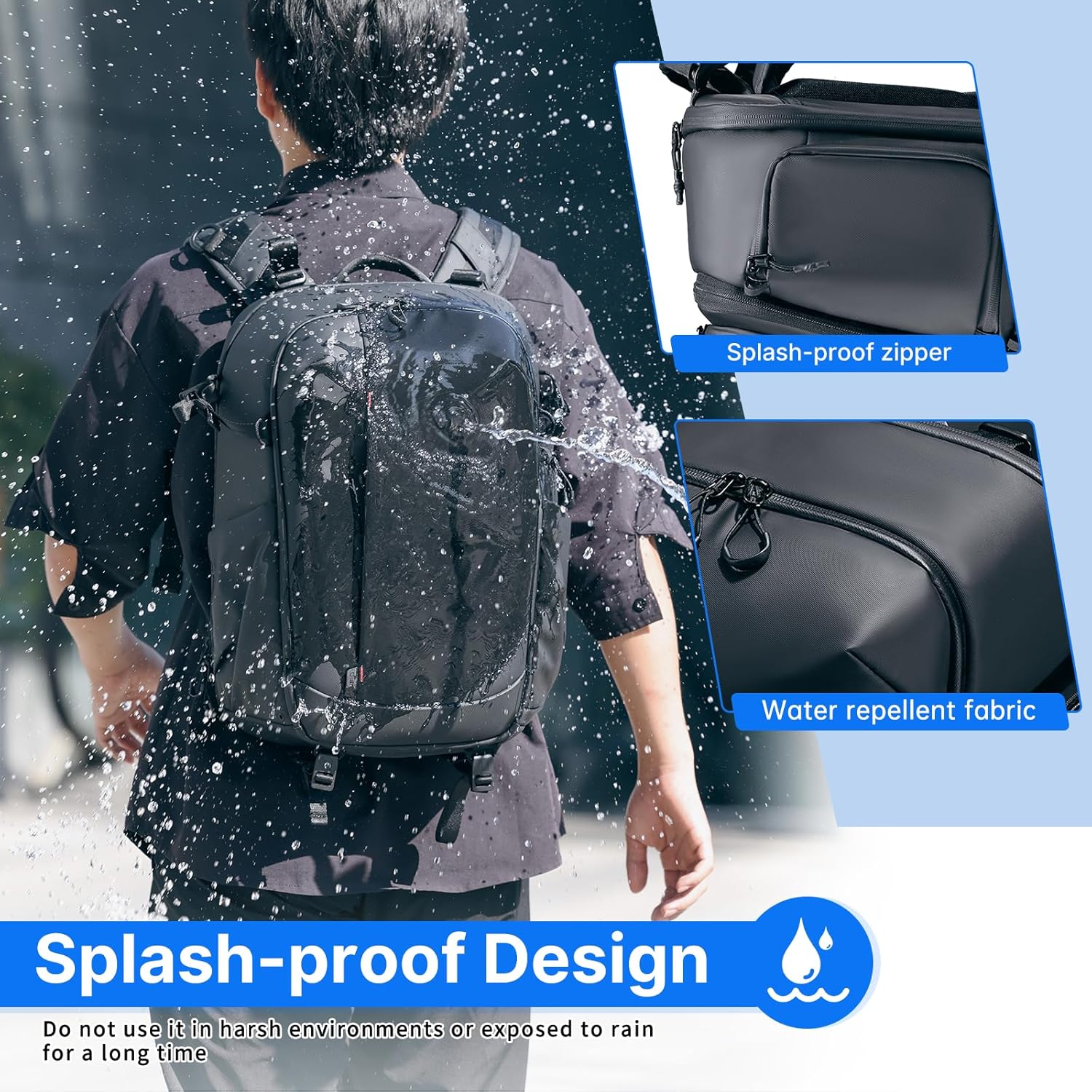 Black camera backpack with water-repellent fabric and zip closure