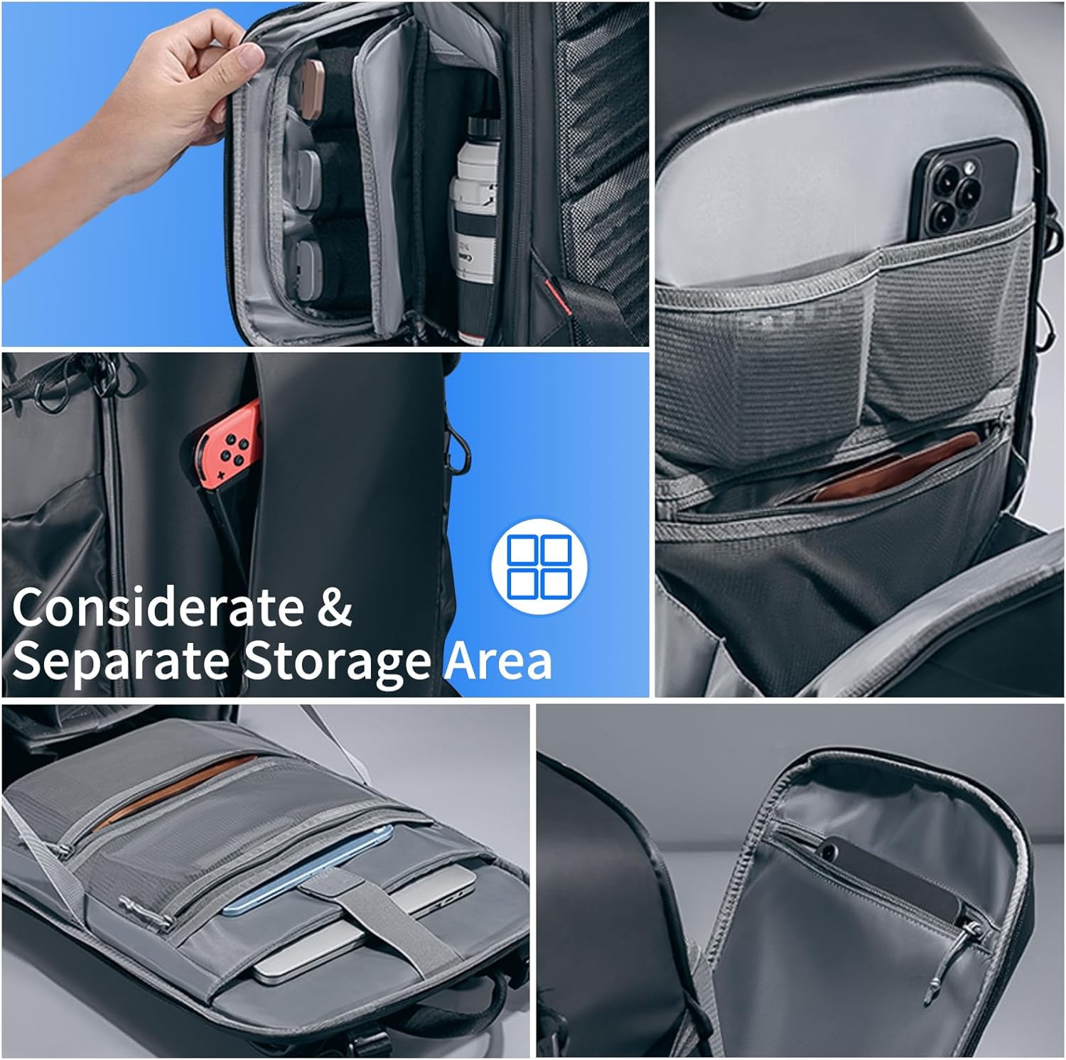 Black camera backpack with separate storage compartments and zippered organizer panels