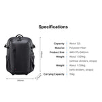 Black camera backpack with 22L capacity and dimension diagram